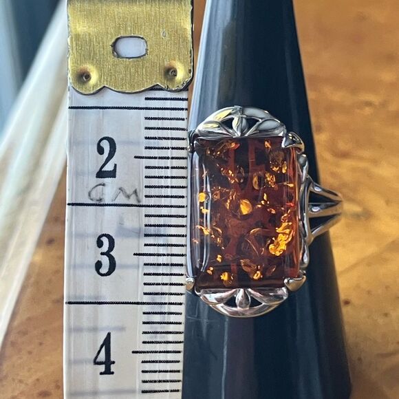 Natural Amber Sterling Silver Cocktail Ring Size 8 - Picture 8 of 10